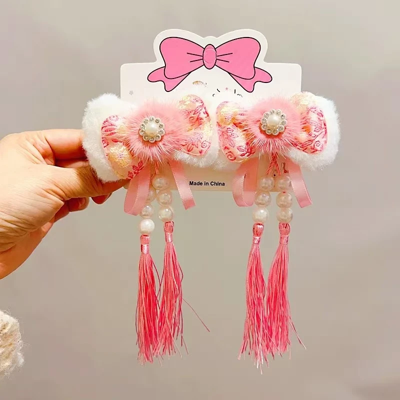 儿童发夹新年粉色蝴蝶结头饰发卡小女孩古风汉服流苏对夹发饰1248