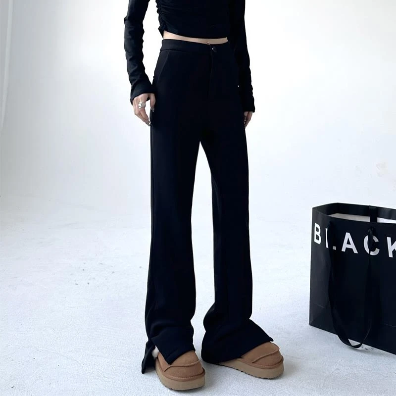 西装裤女秋冬2023加绒加厚窄版黑色休闲宽松垂坠感开叉直筒宽裤