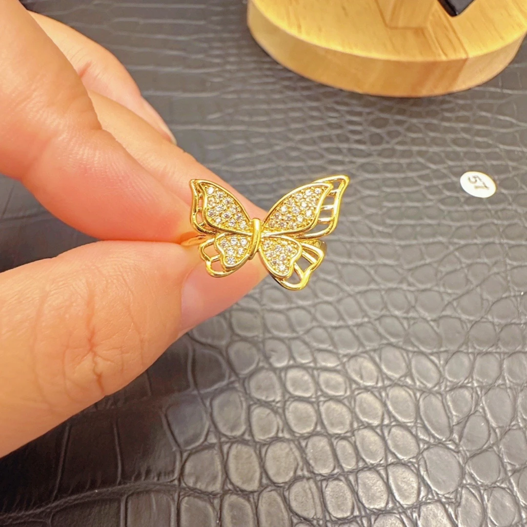 铜合金锆石戒指 精工铜合金超闪锆石蝴蝶戒指开口可调节时尚百搭