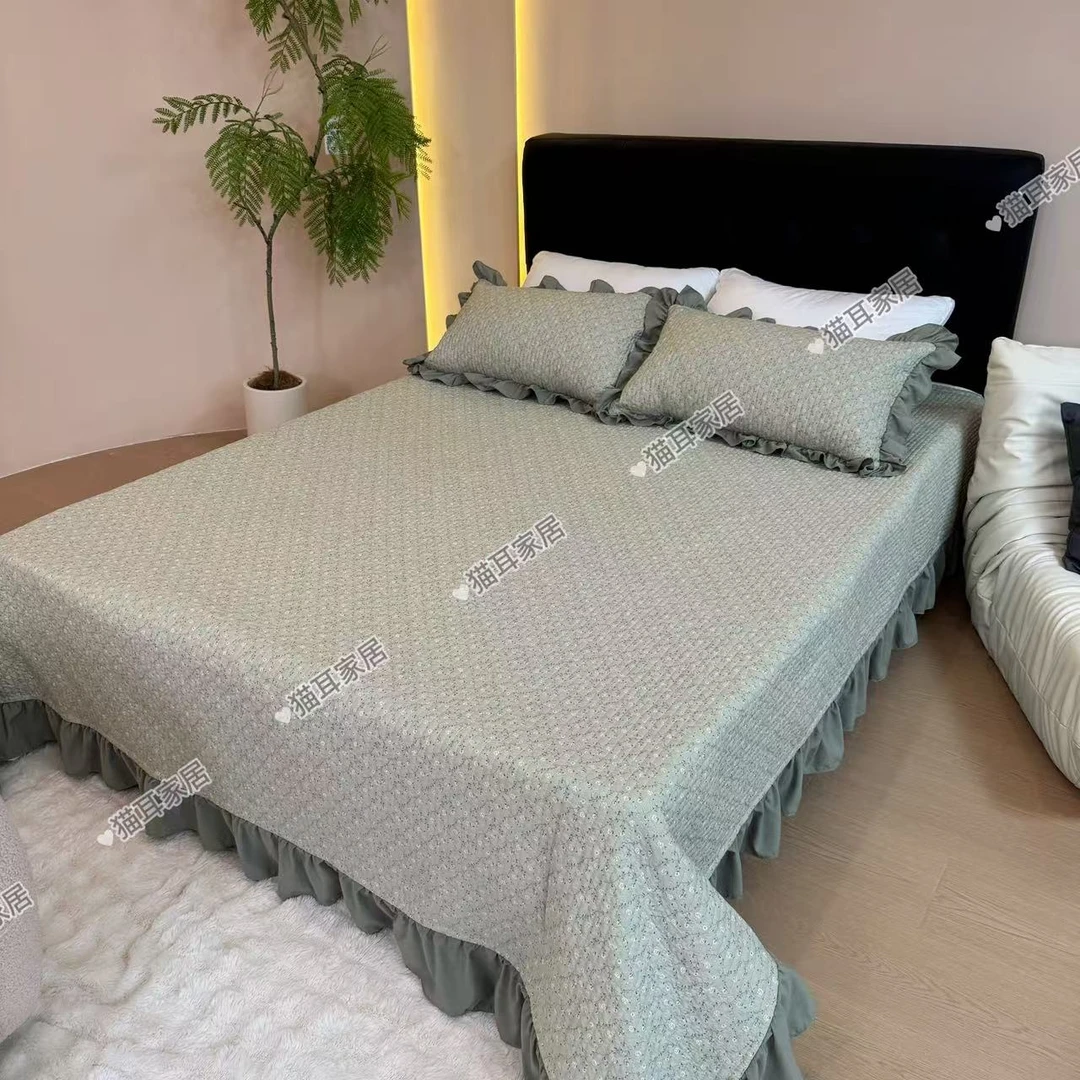 【慕烟-绿】230*240cm三件套亲肤多功能可爱针织棉布加厚双面绗缝