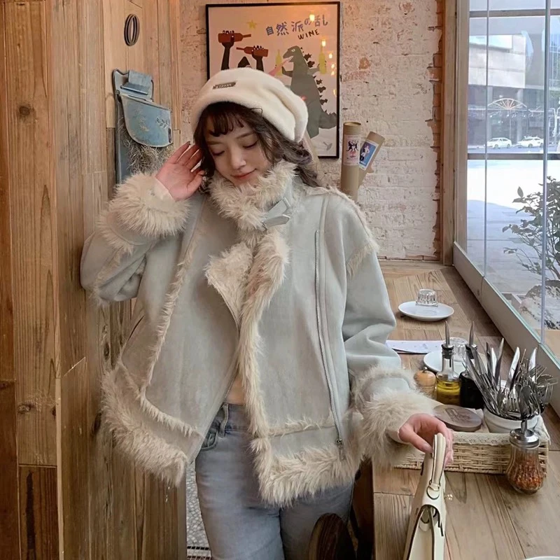 【王大拿】毛毛皮毛一体短款翻领保暖机车拉链外套宽松加绒加厚上衣
