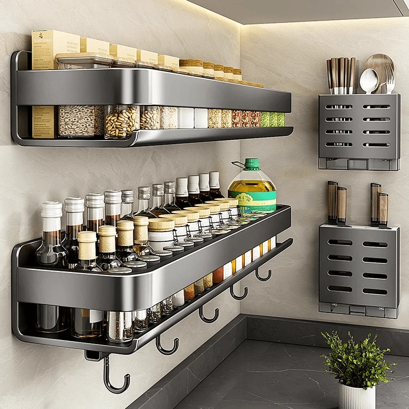 枪灰厨房置物架免打孔壁挂调料架加宽调味品多功能家用大全收纳架