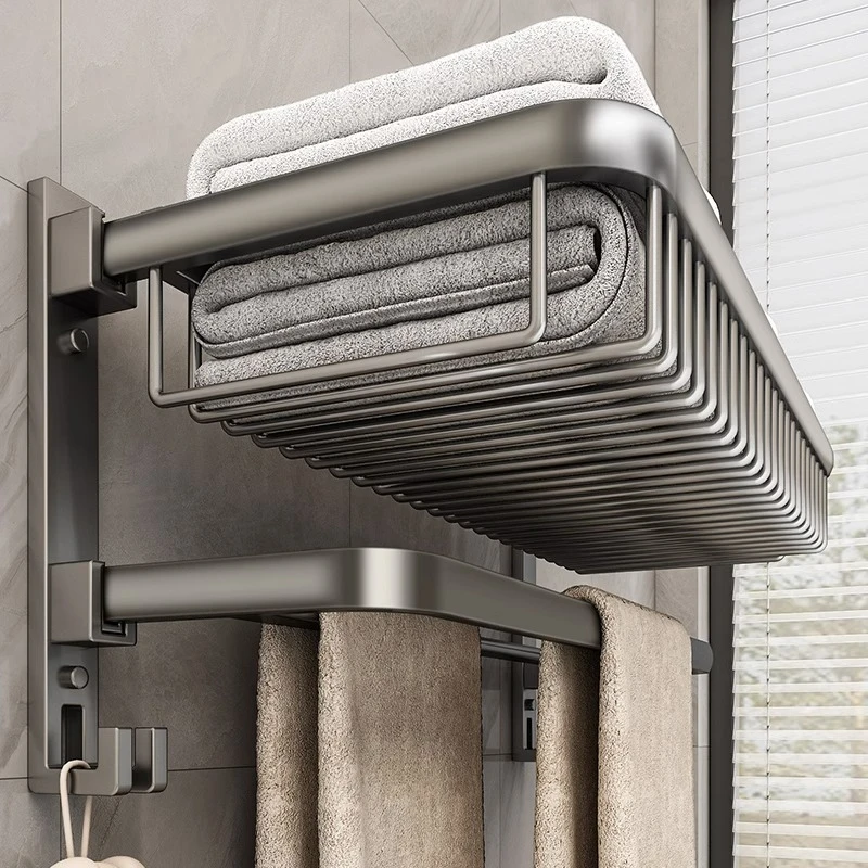 枪灰折叠毛巾架卫生间免打孔多杆浴巾收纳挂架壁挂转角毛巾置物架
