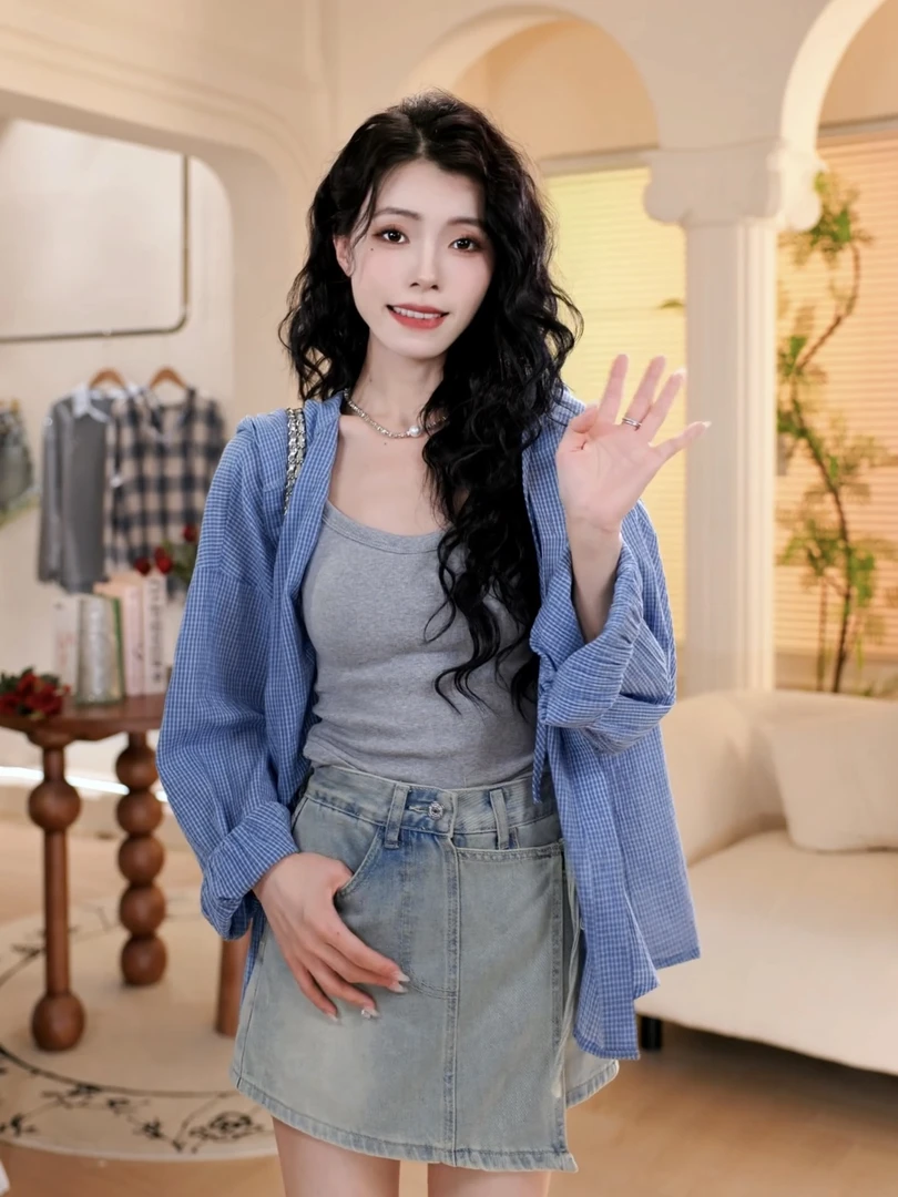 复古简约格纹连帽衬衫外套女2024早秋松弛感上衣宽松休闲百搭日常