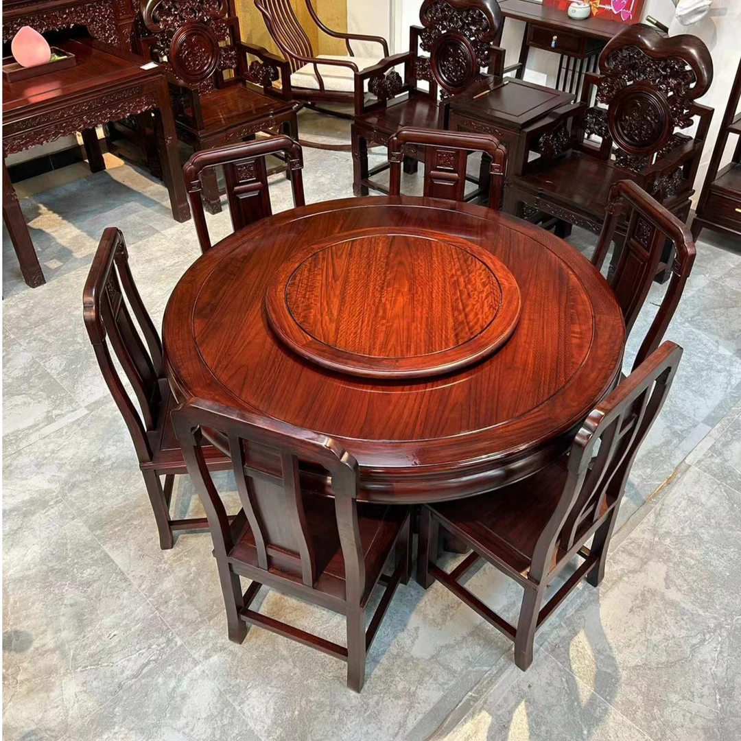新【东非酸枝】复合链接圆桌台餐桌酸枝全实木榫卯送玻璃家用餐桌