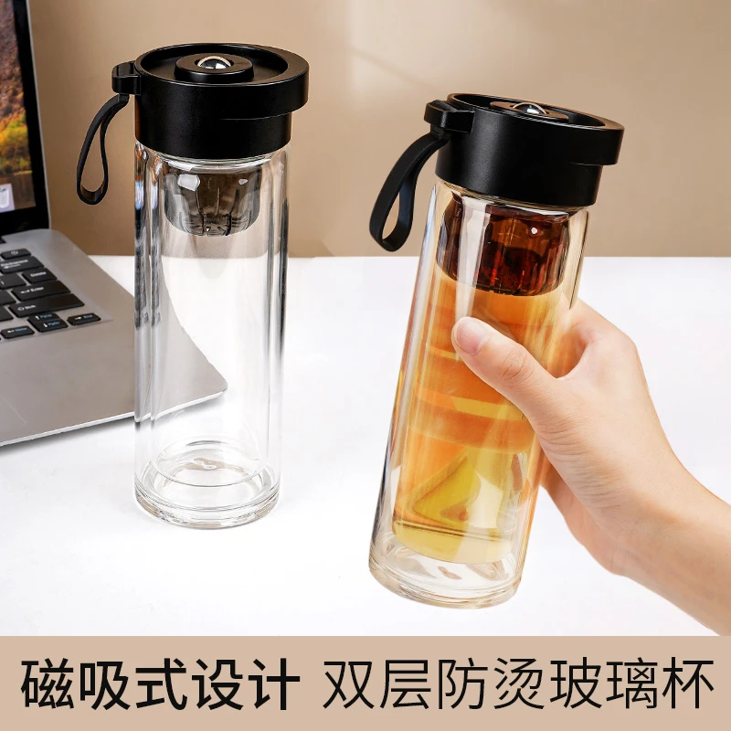 杏林草堂滚珠磁吸式双层水晶高硼硅过滤玻璃磁弹杯防烫隔热磁吸杯