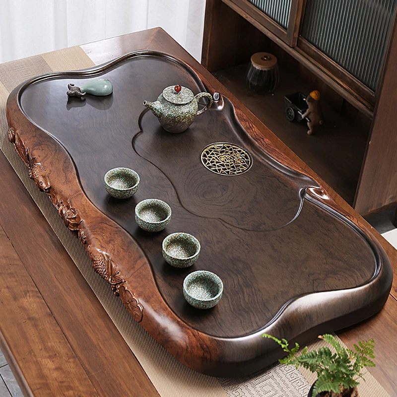 茶盘客厅家用复古小型茶具高端排水式整块仿实木原木质黑檀纹茶台