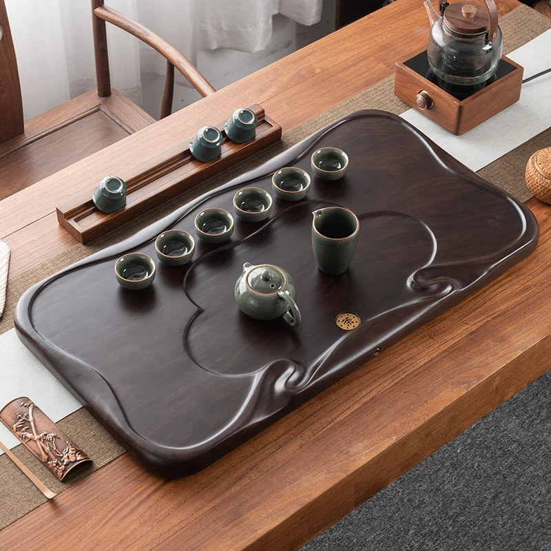 整块实木茶盘家用茶具长方形排水式复古新款高档黑檀纹小型泡茶台