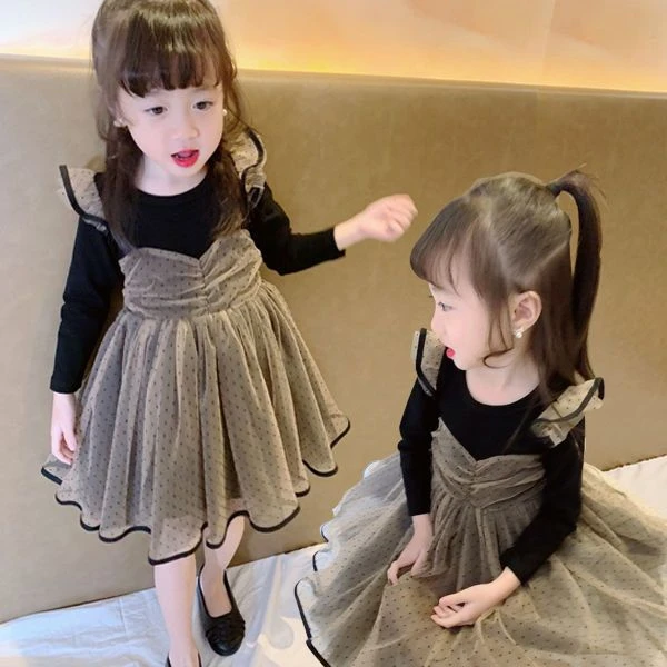 女童春季洋气新款连衣裙宝宝韩版网纱儿童裙子春款纯色淑女公主裙