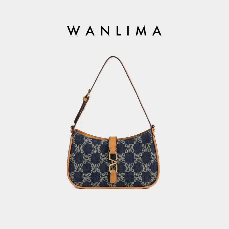 万里马新款潮流撞色牛仔手提包丹宁小挎包W印花链条单肩包女