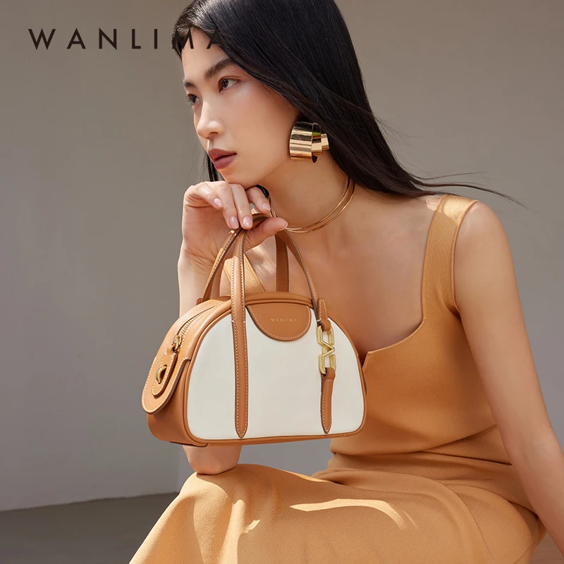 万里马新款牛皮女包保龄球包时尚潮流撞色真皮经典波士顿女包