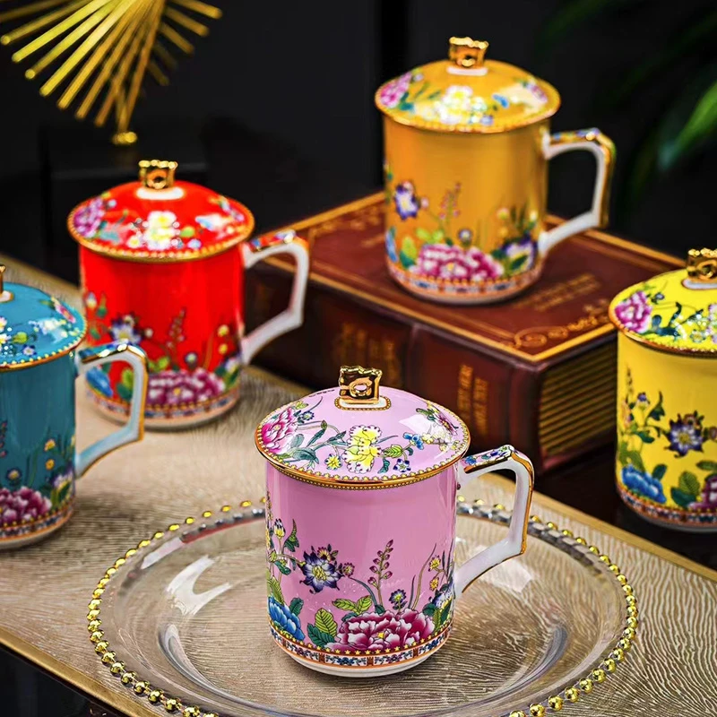 景德镇陶瓷茶杯描金珐琅彩喝水杯子带盖水杯办公杯生日送礼礼盒装