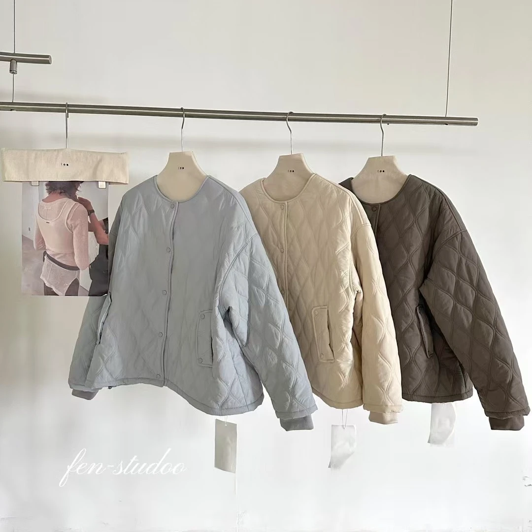 菱格棉服女冬季2024新款宽松保暖加厚棉袄圆领棉衣外套