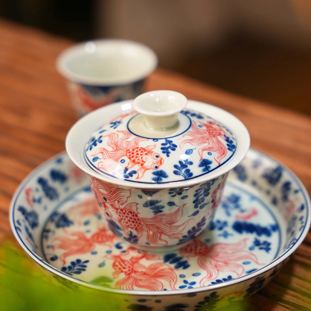 青花鱼藻纹盖碗陶瓷高档青花釉里红盖碗泡茶碗带壶承复古手工中式