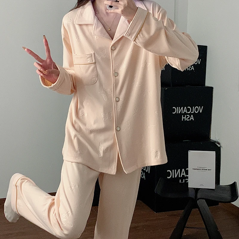 【微刻-蝴蝶压花】春季ins新款中厚牛奶绒长袖二件套睡衣家居服