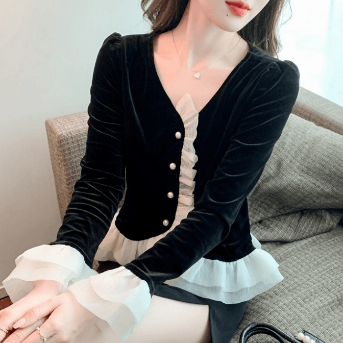2024夏季新款上衣洋气女设计感小众网纱拼接花瓣袖复古丝绒打底衫