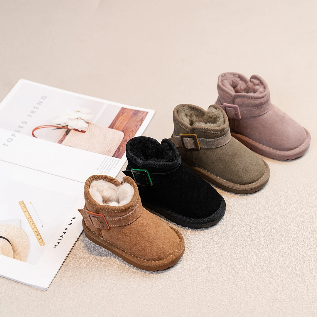 24真皮女童雪地靴保暖卡扣防水加绒靴保暖雪地防滑加绒加厚女童靴
