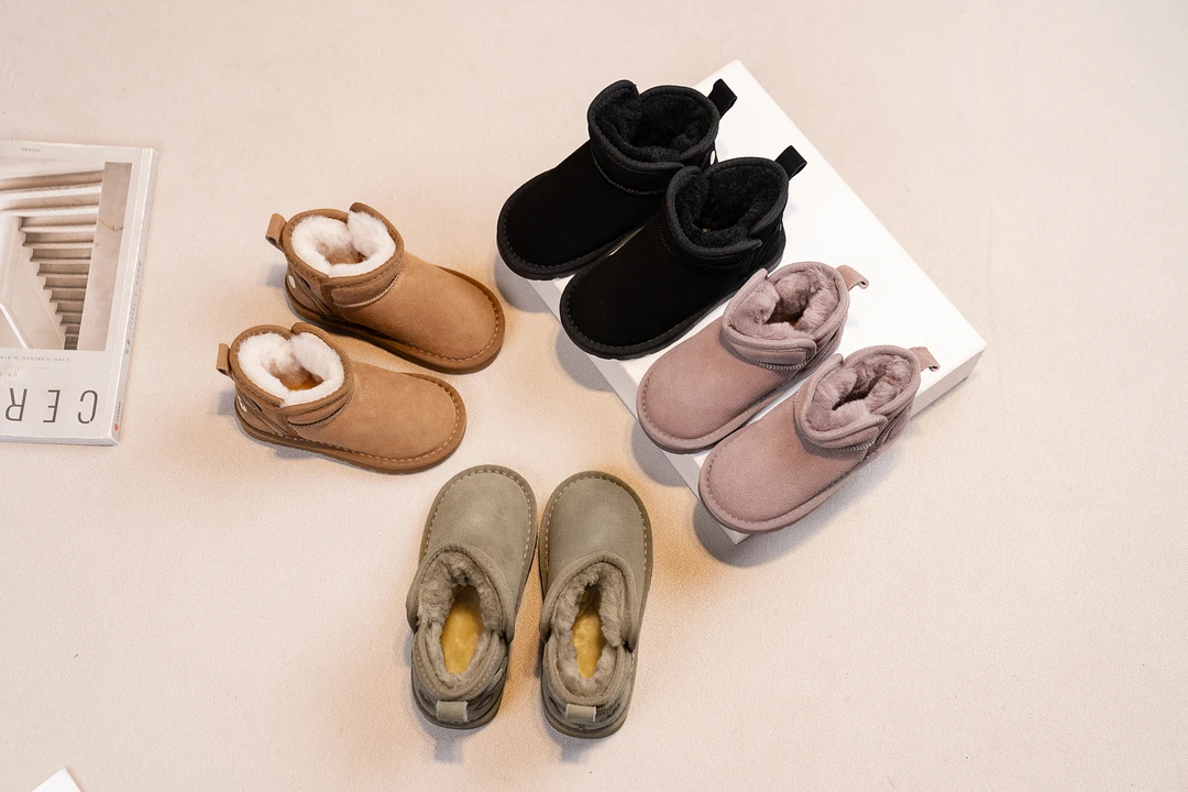 2024真皮雪地靴加绒小熊保暖百搭中大童低帮宝宝鞋防滑软底加厚63