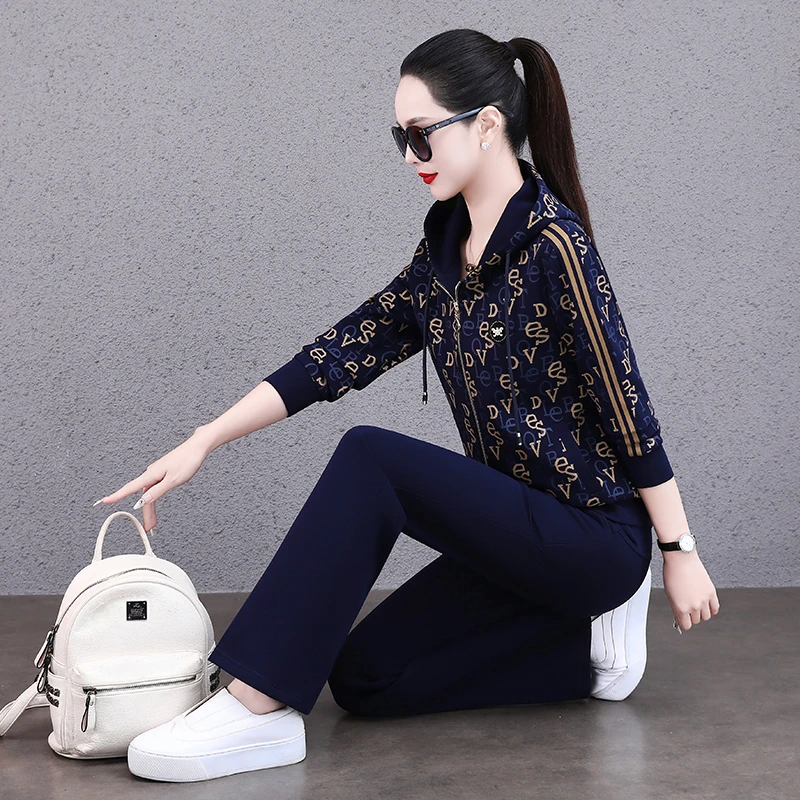 运动服套装女2024新款显瘦气质时尚春秋季立领印花宽松减龄休闲