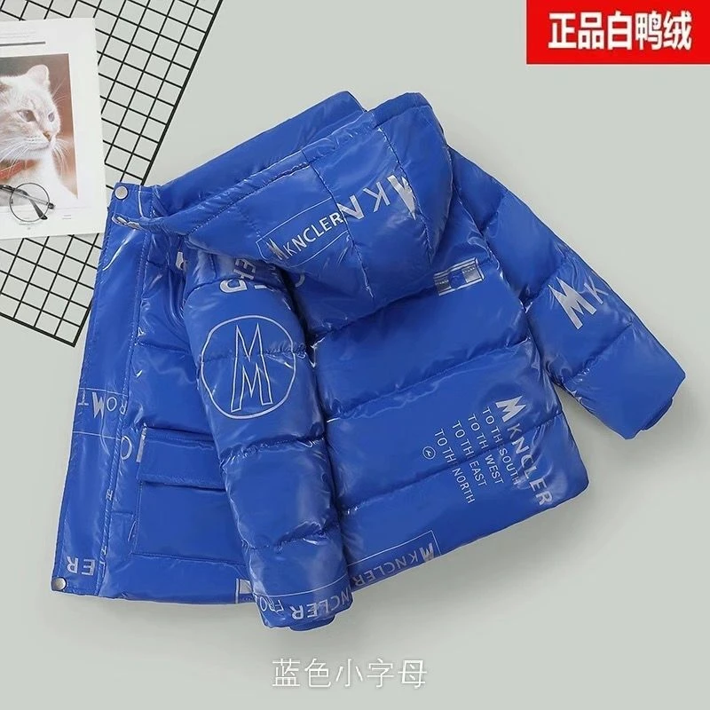 免洗超厚白鸭绒连帽潮流字母男童女装小中大童冬季儿童羽绒服短款