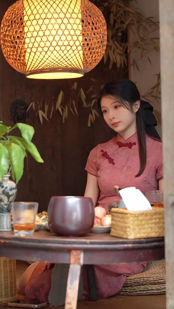 蘑菇菇旗袍《胭脂》日常时尚红色中长款修身印花设计师国潮-108