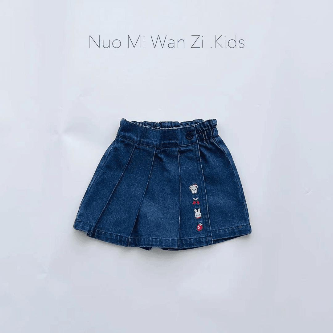 丸子十【现货】儿童韩系纯色百褶刺绣牛仔短裤（夏款）WZJ（F）-762