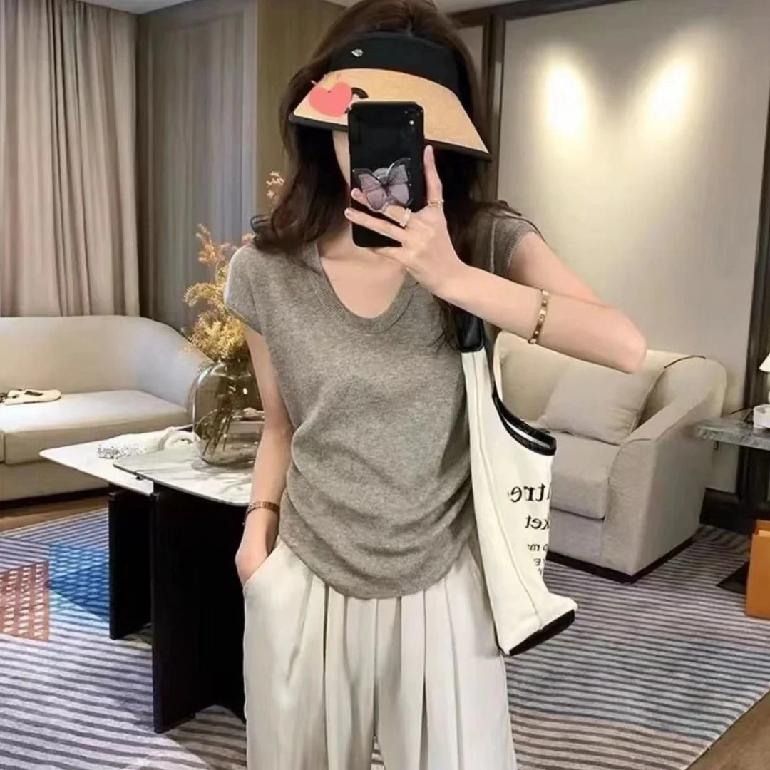 薄款u领短袖针织衫t恤女2024夏季新款修身半袖打底衫上衣飞袖女装