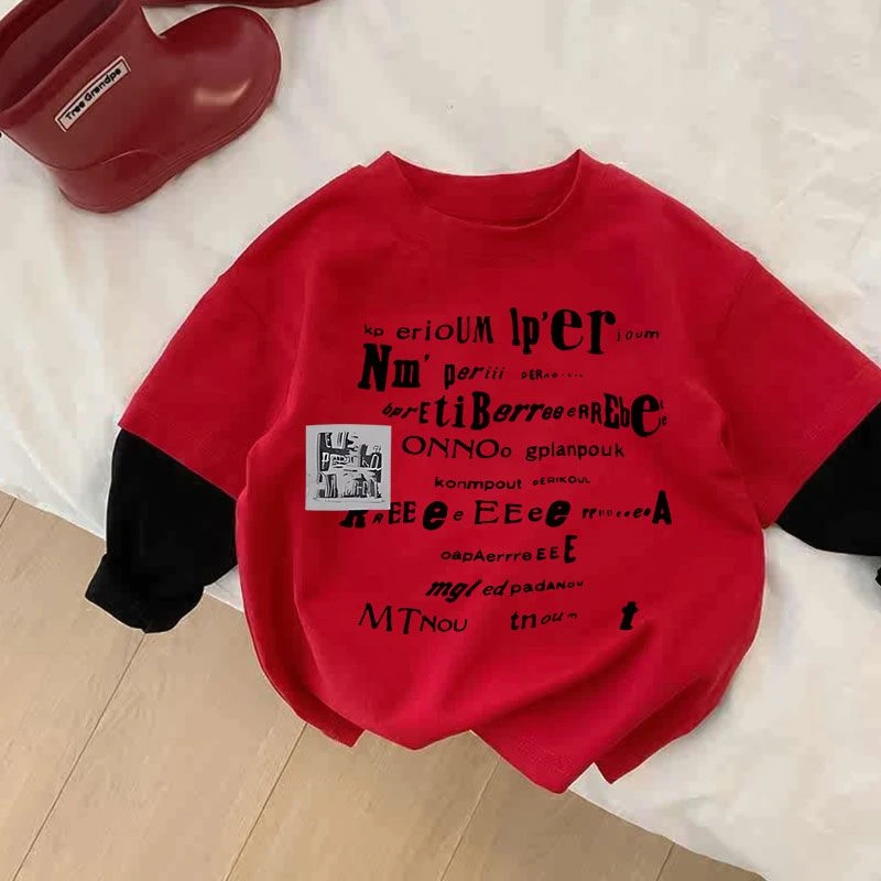 儿童纯棉新款男女童长袖T恤假两件中小童卡通印花洋气休闲上衣潮