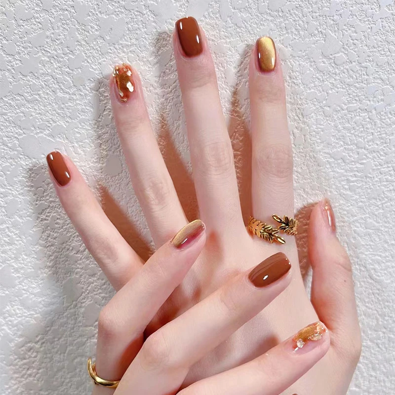 枫叶手工穿戴甲高级感成品显白晕染云母片金猫眼魔镜短款美甲贴片