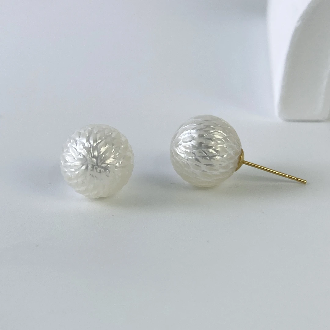 [澳白龙鳞珠]天然海水澳白珍珠18K金耳钉古法切工爆闪个性百搭86