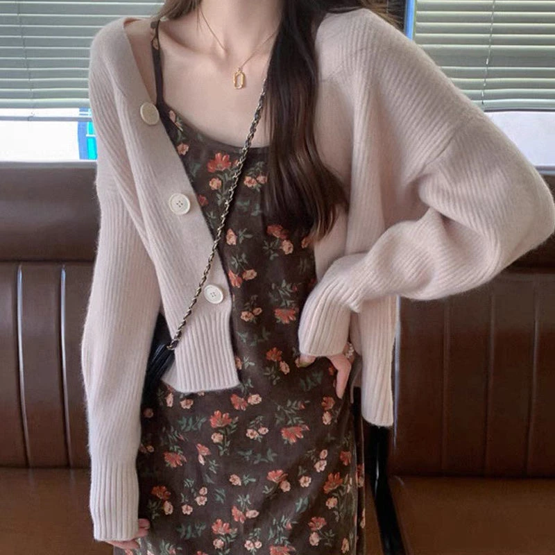 单/套装 秋冬碎花吊带连衣裙学生女复古开衫毛衣外套两件套裙子