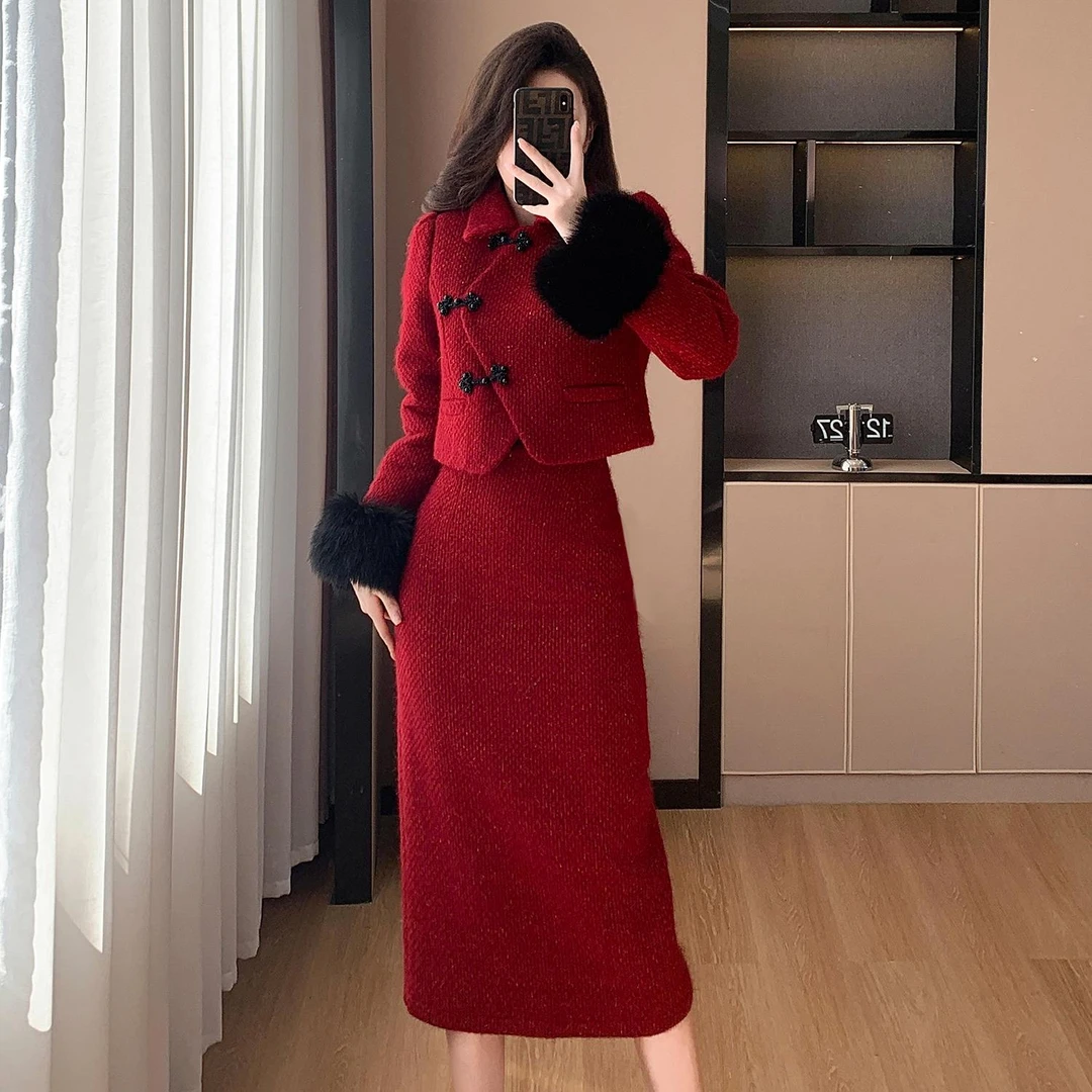 2023冬新款夹棉内胆新年套装名媛气质半身裙气质两件套法式小香风