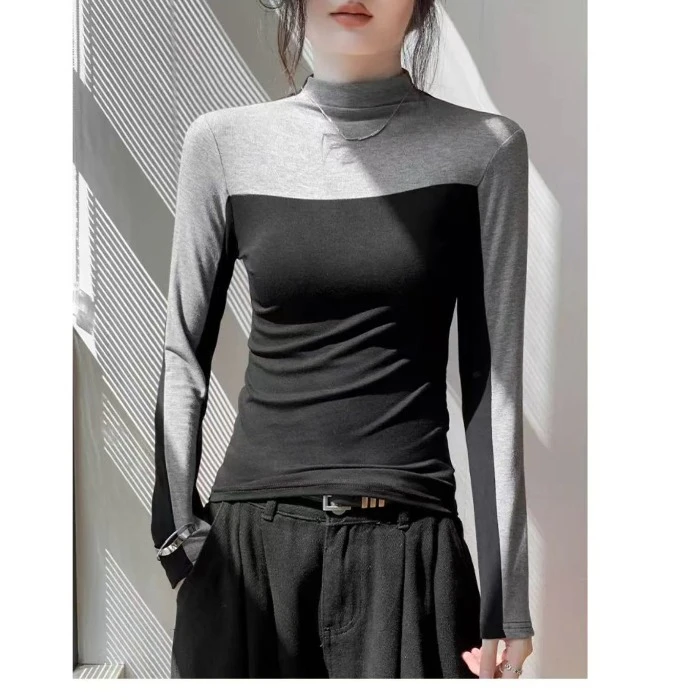 2025秋冬新款半高领气质拼接撞色T恤女内搭百搭显瘦修身长袖上衣