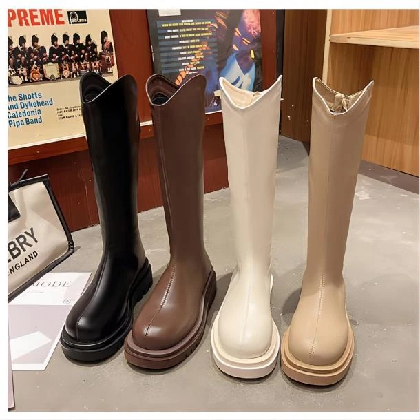 YISEWEI/厚底V口显瘦长靴大筒围骑士靴粗腿长筒靴