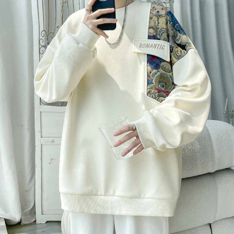 小熊刺绣拼接圆领卫衣男春秋款2024新款秋季外套美式复古痞帅上衣