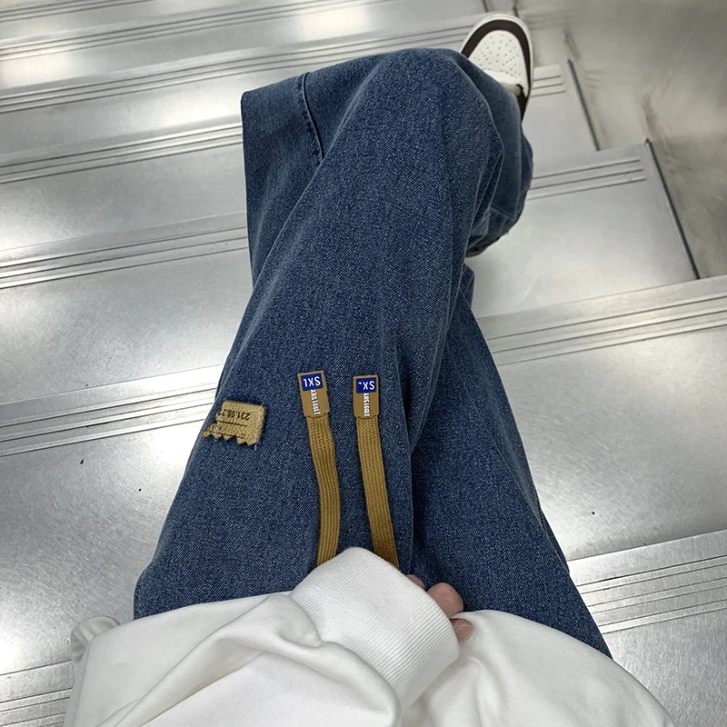 美式复古深蓝色牛仔裤男直筒宽松设计感裤子oversize松紧腰阔腿裤