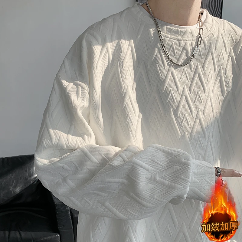 白色重磅即墨加绒加厚卫衣男款潮牌宽松秋冬季男装内搭T恤打底衫