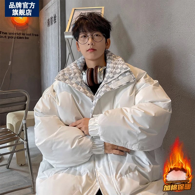 半高领白色羽绒棉服男款冬季潮牌棋盘格面包服oversize小香风外套