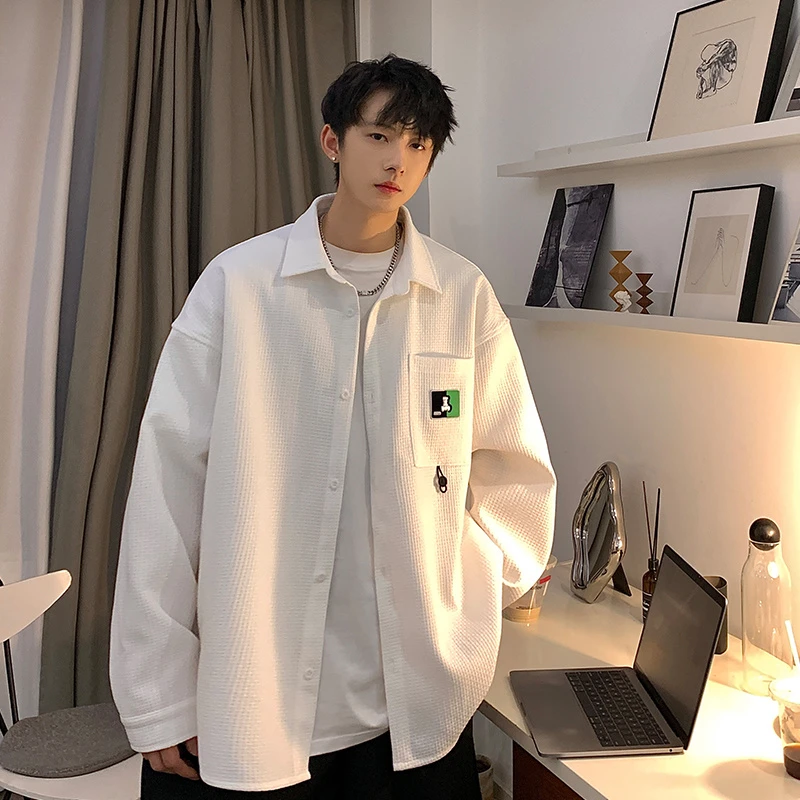 尚诺缘长袖衬衫男士华夫格白色潮牌春秋季休闲新款男生衬衣外套