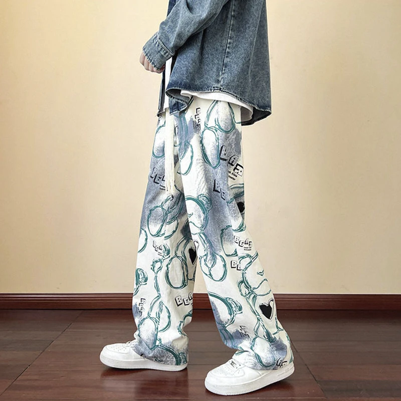 西海岸小熊印花裤子男款春秋季新款日系潮牌阔腿大码宽松休闲长裤