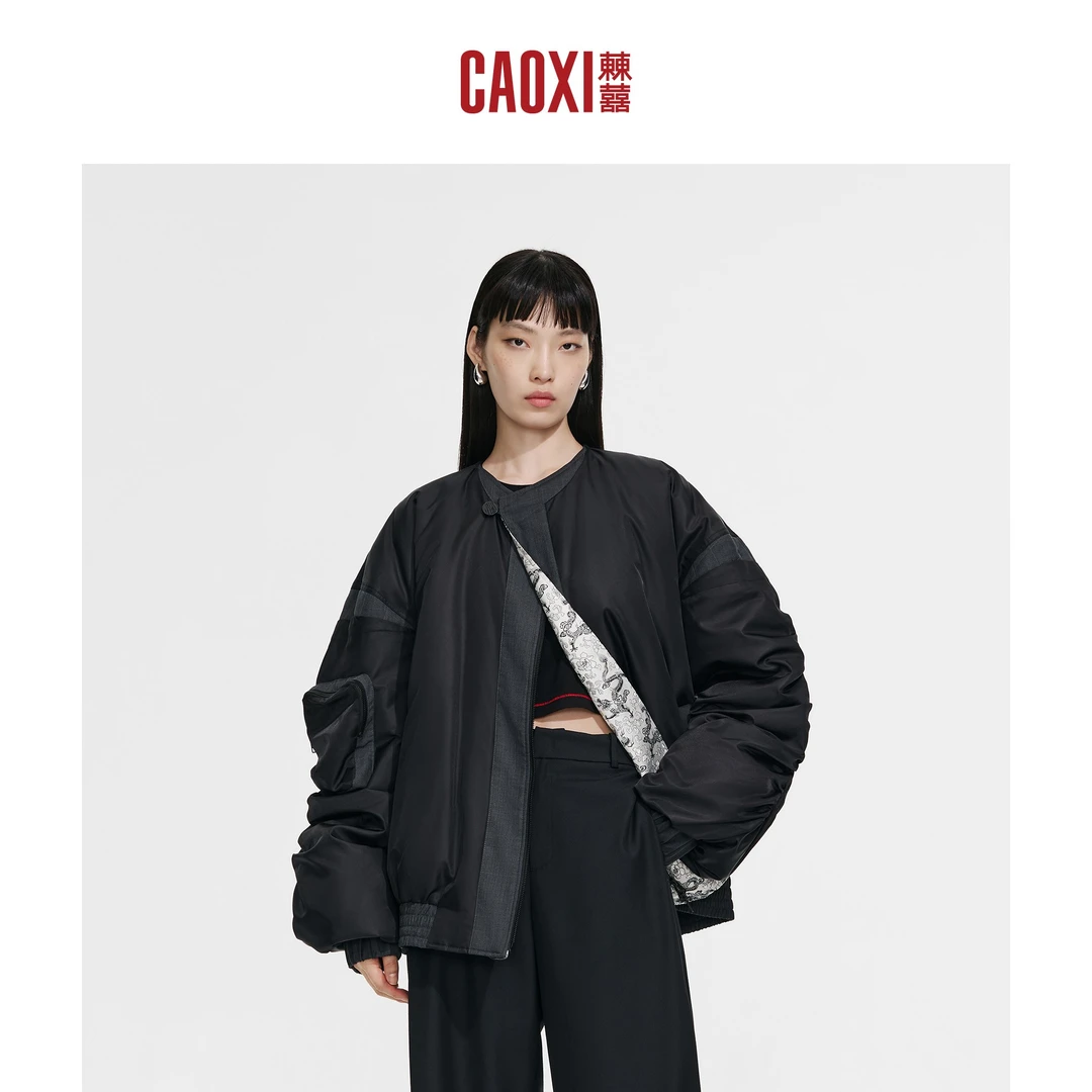 CAOXI㯥囍 秋冬新款国风白鸭绒黑色工装棒球羽绒服外套