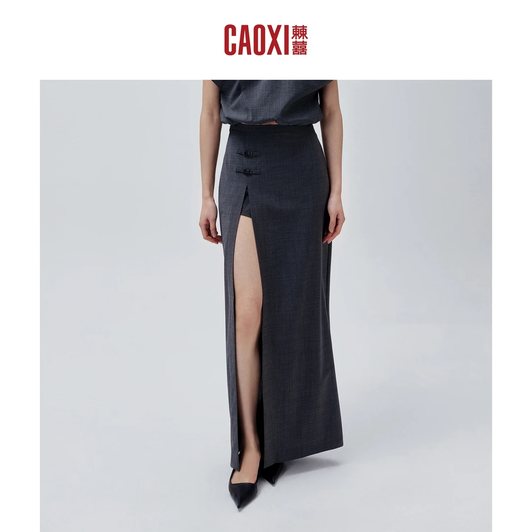CAOXI㯥囍 垂感防走光中式高开叉显瘦显高格纹半身裙女装半身裙