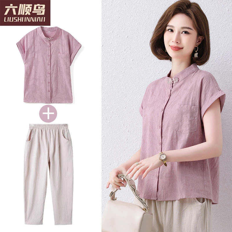 妈妈夏季纯棉短袖新中式气质小衫妈妈装中老年女洋气上衣棉麻套装