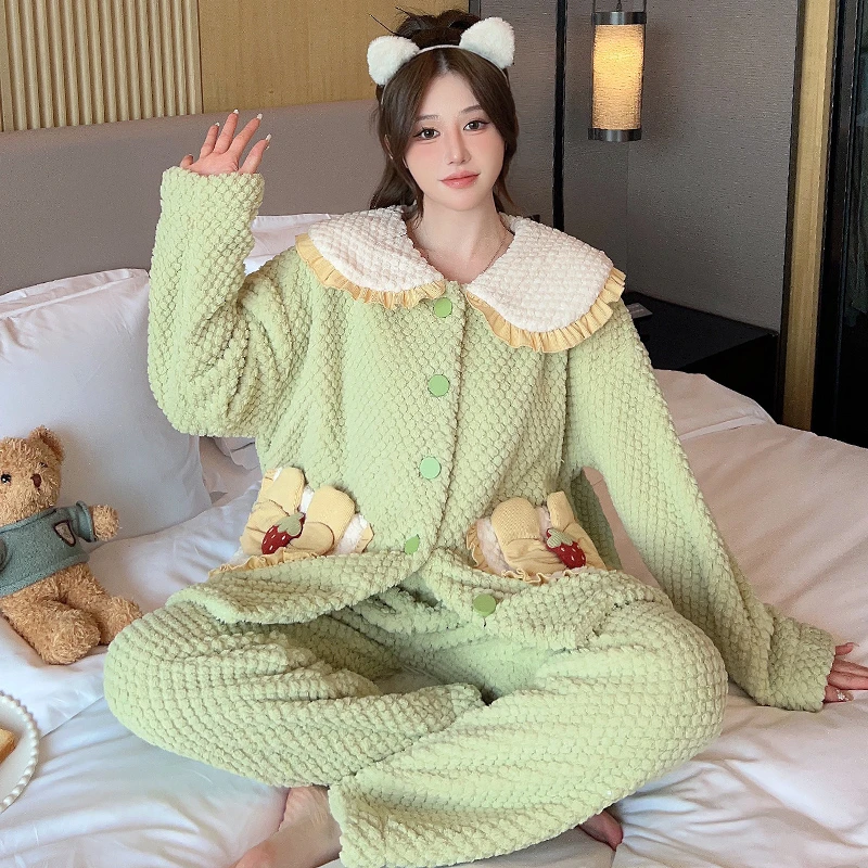 甜美少女睡衣冬季珊瑚绒保暖长袖卡通加绒加厚款可外穿家居服套装