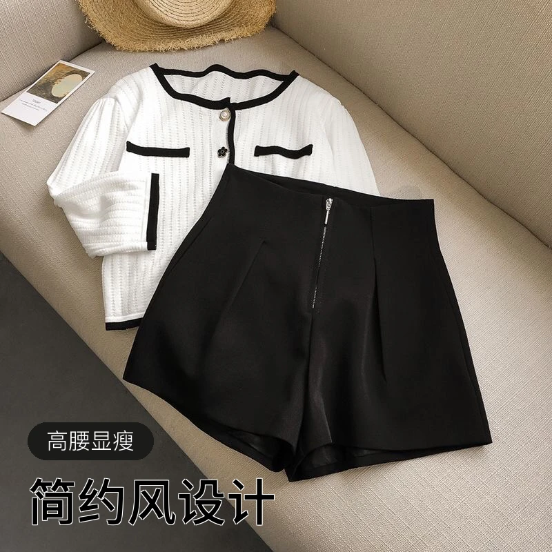 短裤高腰春秋冬纯色裤子百搭显瘦洋气小个子宽松阔腿时尚套装毛呢