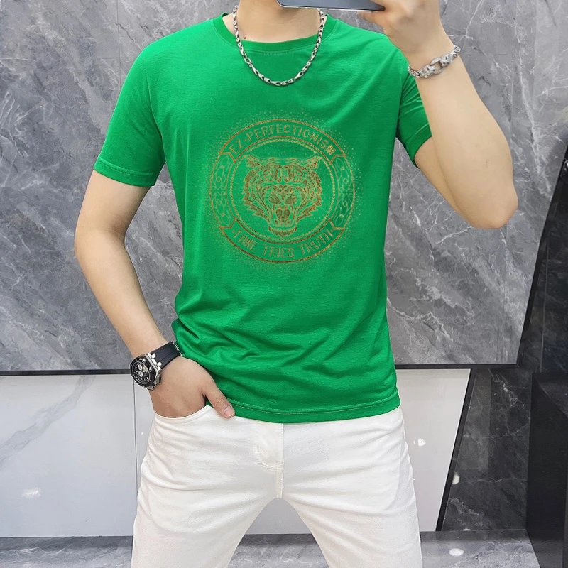 夏季绿色t恤男款镭射欧洲站弹力烫亮片大码短袖T桖圆领士百搭轻奢