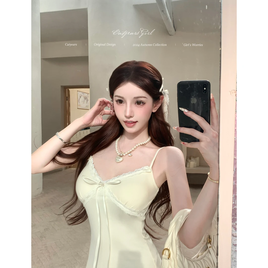 Catyears猫年【甜欲少女】蕾丝针织吊带裙两件套长袖V领罩衫连衣裙