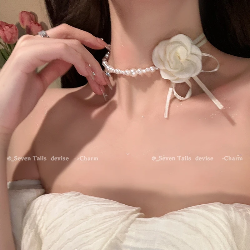 合金布艺项链 山朵珠珠项链choker锁骨链轻奢小众系花颈链354