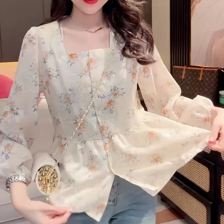 慕云纱碎花显瘦气质夏季洋气时尚长袖温柔国风女装上衣小衫打底衫