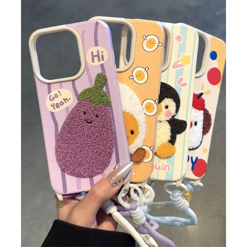 牛牛卡通毛绒茄子企鹅适用苹果16/13手机壳iPhone15/14promax软